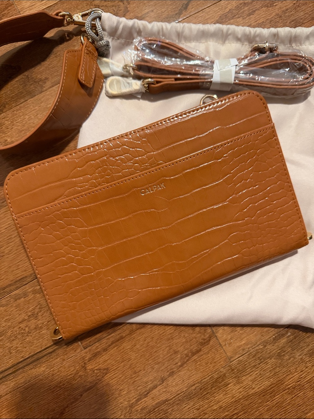 CALPAK Tan Croc-Embossed Convertible Clutch with Straps